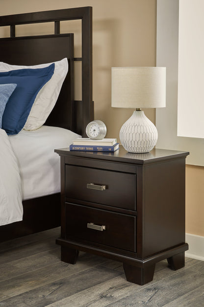 Covetown Queen Panel Bed with Mirrored Dresser, Chest and Nightstand in Dark Brown from Ashley - Luna Furniture