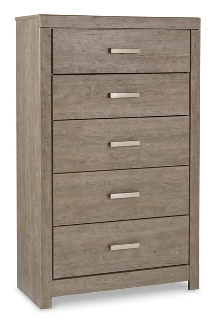 Culverbach King Panel Bed with Mirrored Dresser and Chest in Gray - PKG011530