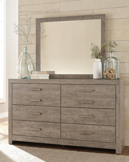 Culverbach Queen Panel Bed with Mirrored Dresser, Chest and Nightstand in Gray - PKG011525