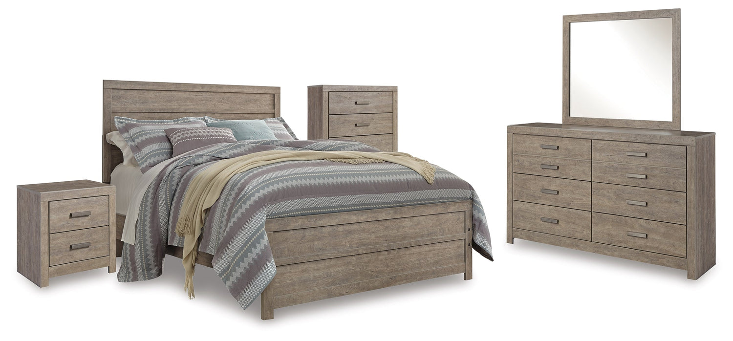 Culverbach Queen Panel Bed with Mirrored Dresser, Chest and Nightstand in Gray - PKG011525