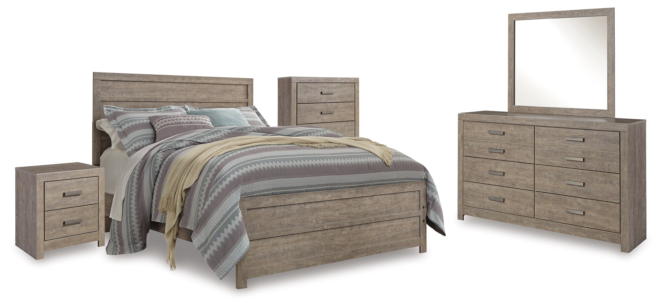 Culverbach Queen Panel Bed with Mirrored Dresser, Chest and Nightstand in Gray - PKG011525