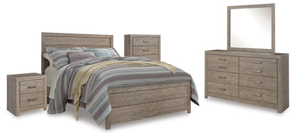 Culverbach Queen Panel Bed with Mirrored Dresser, Chest and Nightstand in Gray - PKG011525