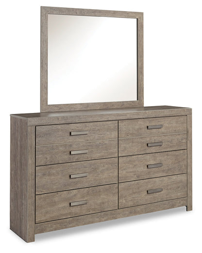 Culverbach Queen Panel Bed with Mirrored Dresser, Chest and Nightstand in Gray - PKG011525