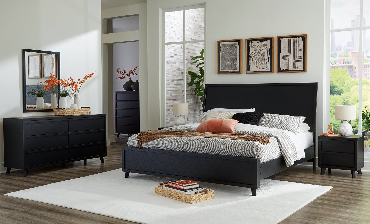 Danziar King Panel Bed with Mirrored Dresser, Chest and 2 Nightstands in Black - PKG015915