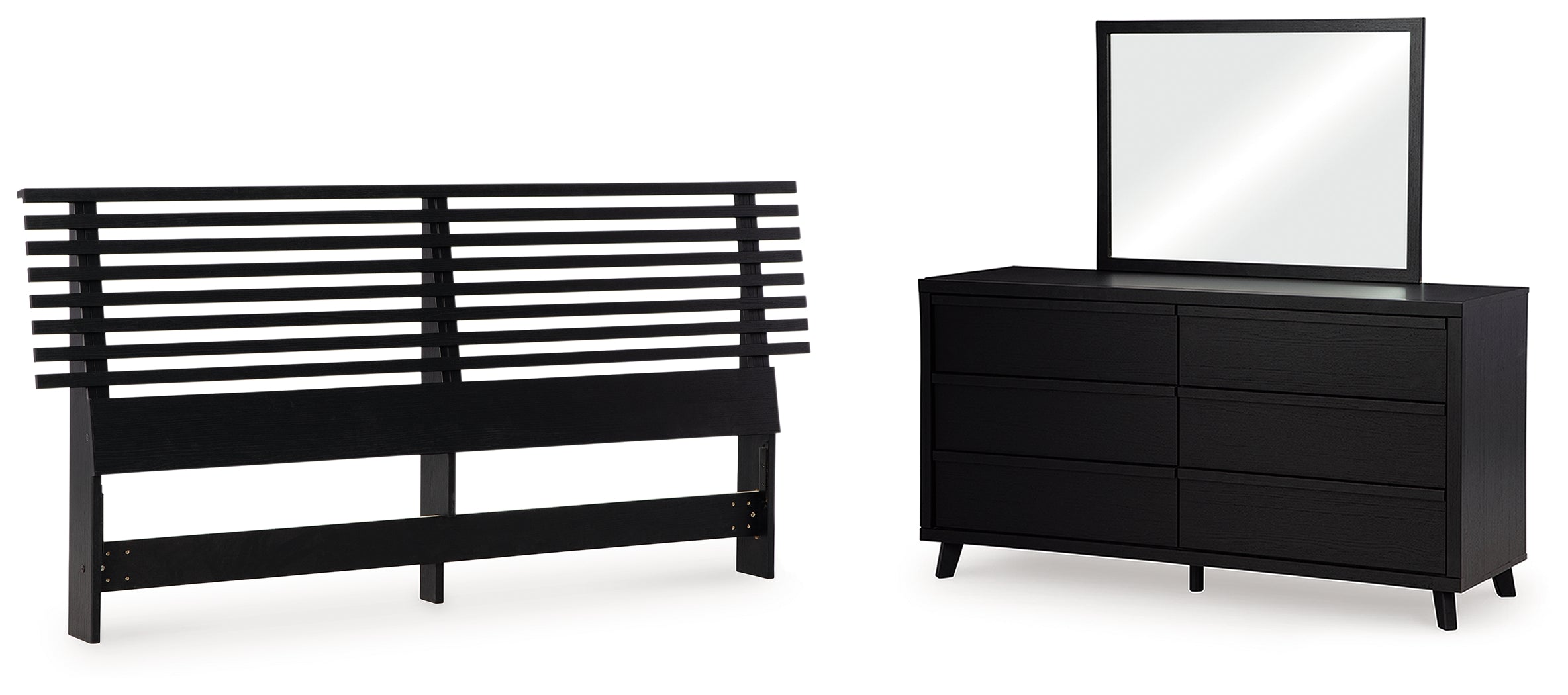 Danziar King Panel Headboard with Mirrored Dresser in Black - PKG016009