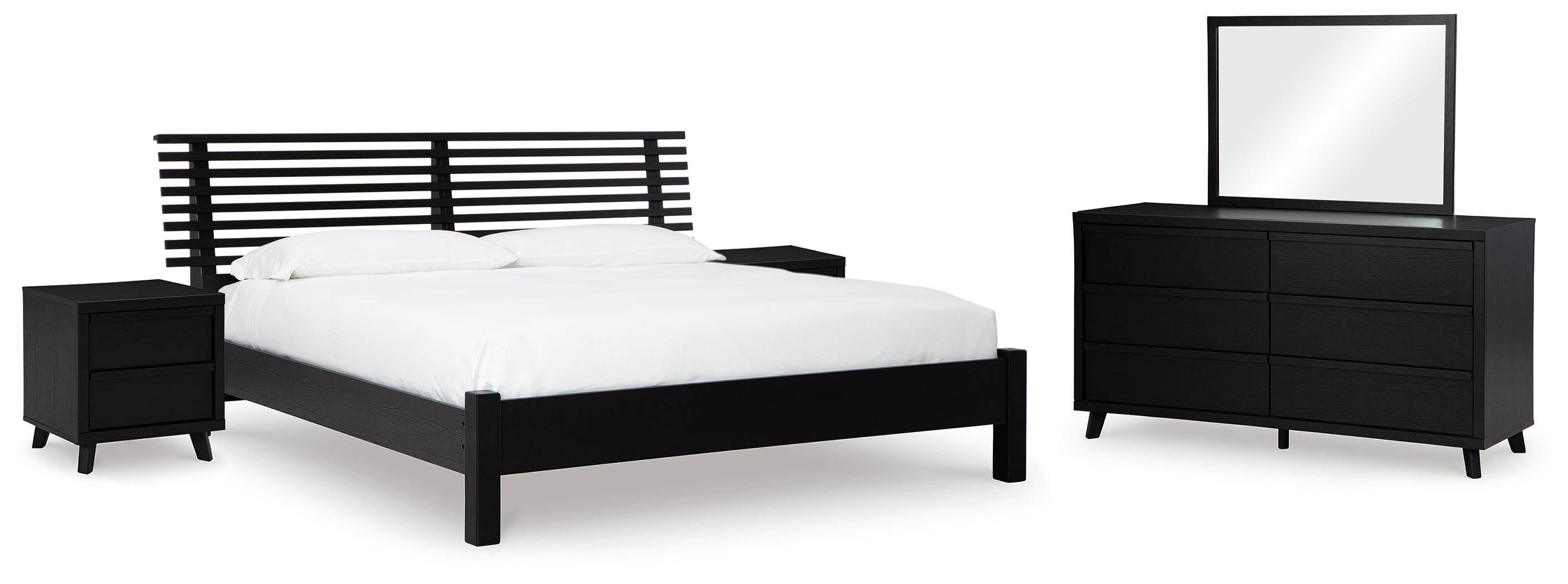 Danziar Queen Panel Bed with Mirrored Dresser and 2 Nightstands in Black - PKG015878