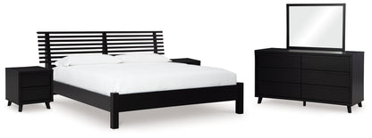 Danziar Queen Panel Bed with Mirrored Dresser and 2 Nightstands in Black - PKG015878