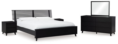 Danziar Queen Panel Bed with Mirrored Dresser and 2 Nightstands in Black - PKG015896