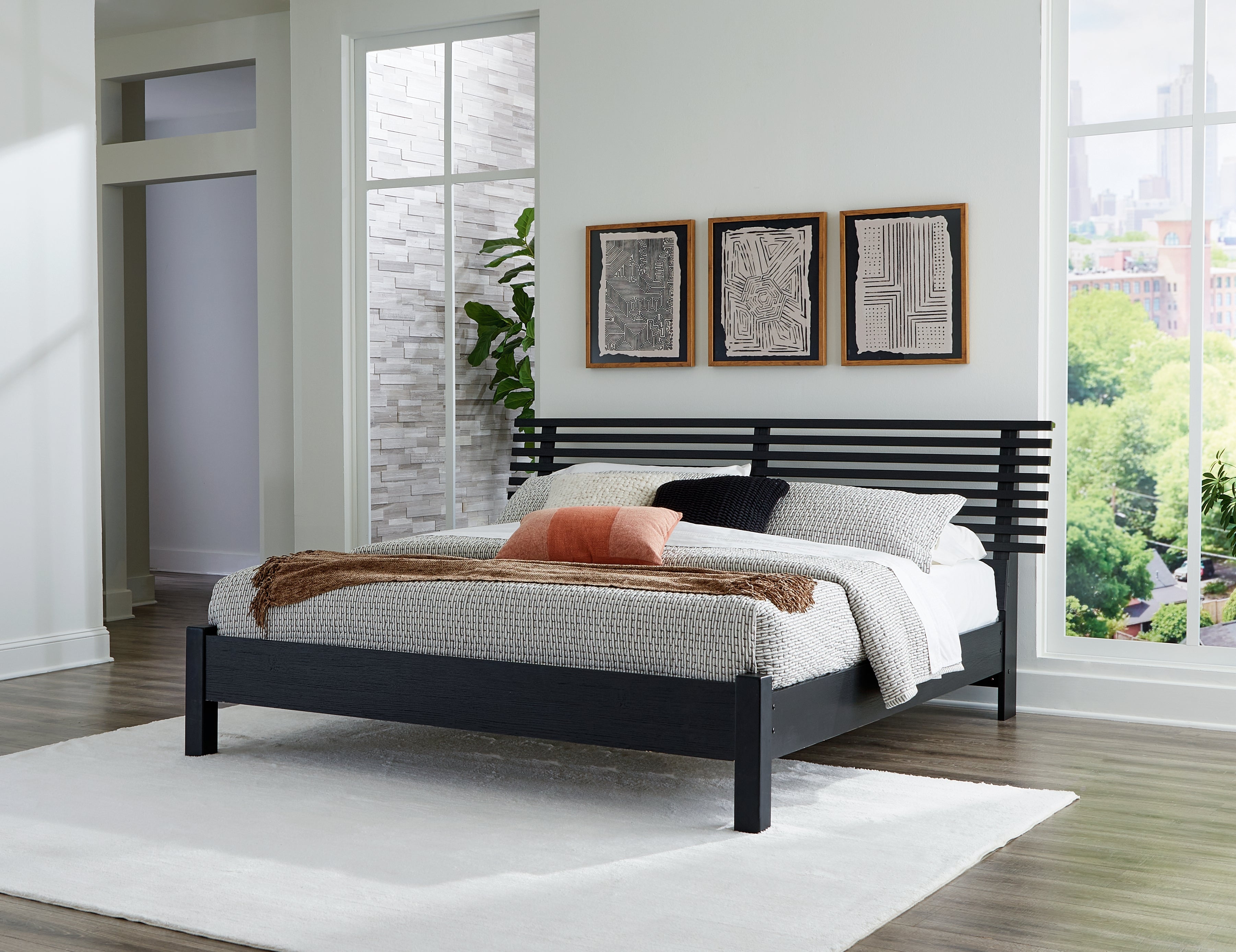 Danziar Queen Panel Bed with Mirrored Dresser and Nightstand in Black - PKG015880
