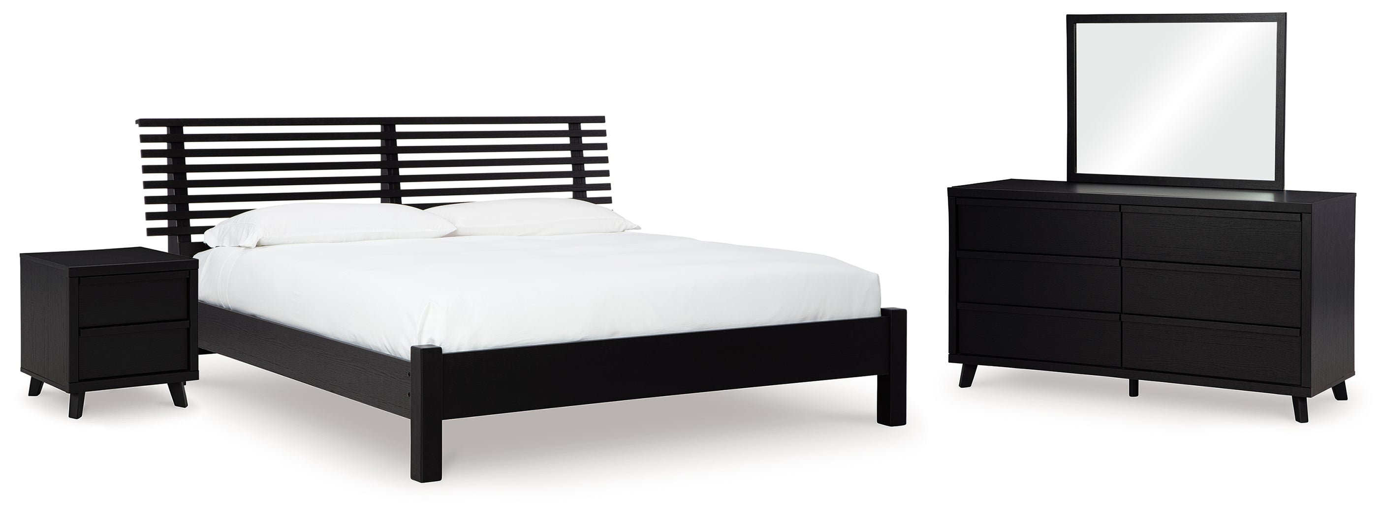 Danziar Queen Panel Bed with Mirrored Dresser and Nightstand in Black - PKG015880