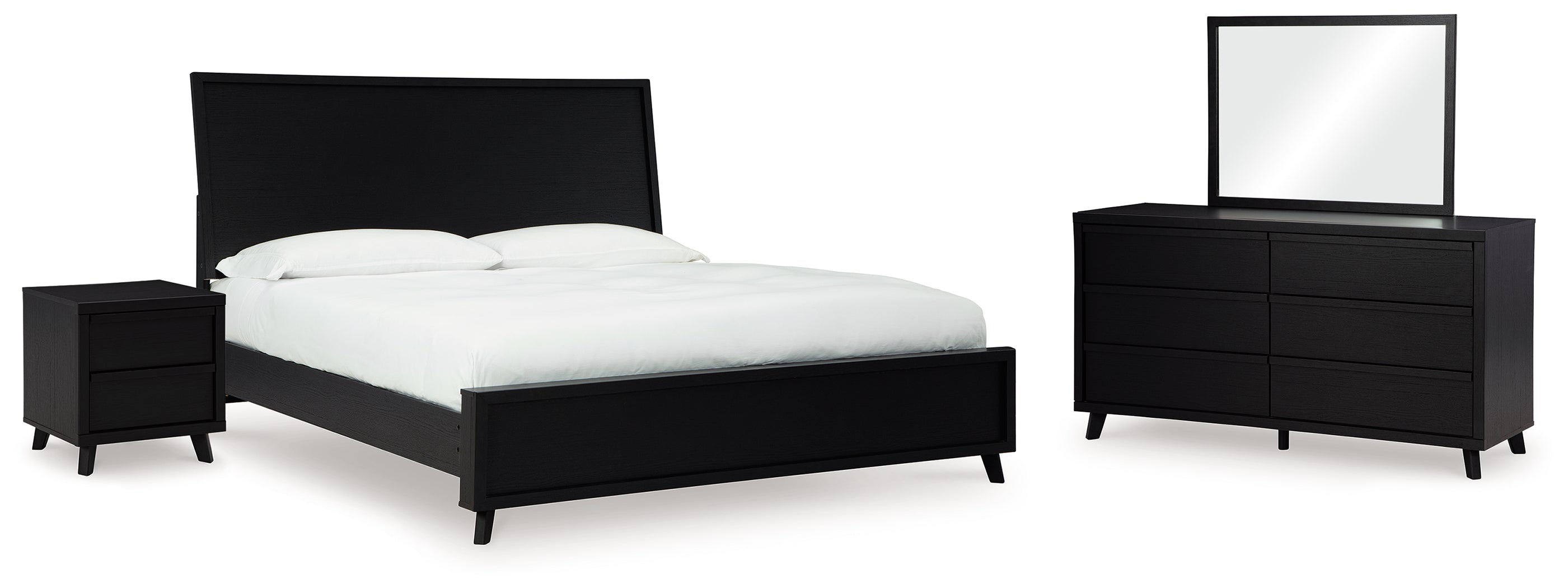 Danziar Queen Panel Bed with Mirrored Dresser and Nightstand in Black - PKG015892