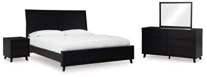 Danziar Queen Panel Bed with Mirrored Dresser and Nightstand in Black - PKG015892