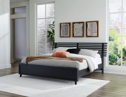 Danziar Queen Panel Bed with Mirrored Dresser and Nightstand in Black - PKG015898