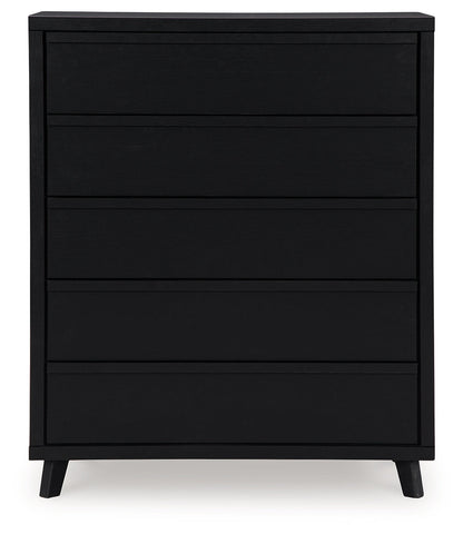 Danziar Queen Panel Bed with Mirrored Dresser, Chest and Nightstand in Black - PKG015894