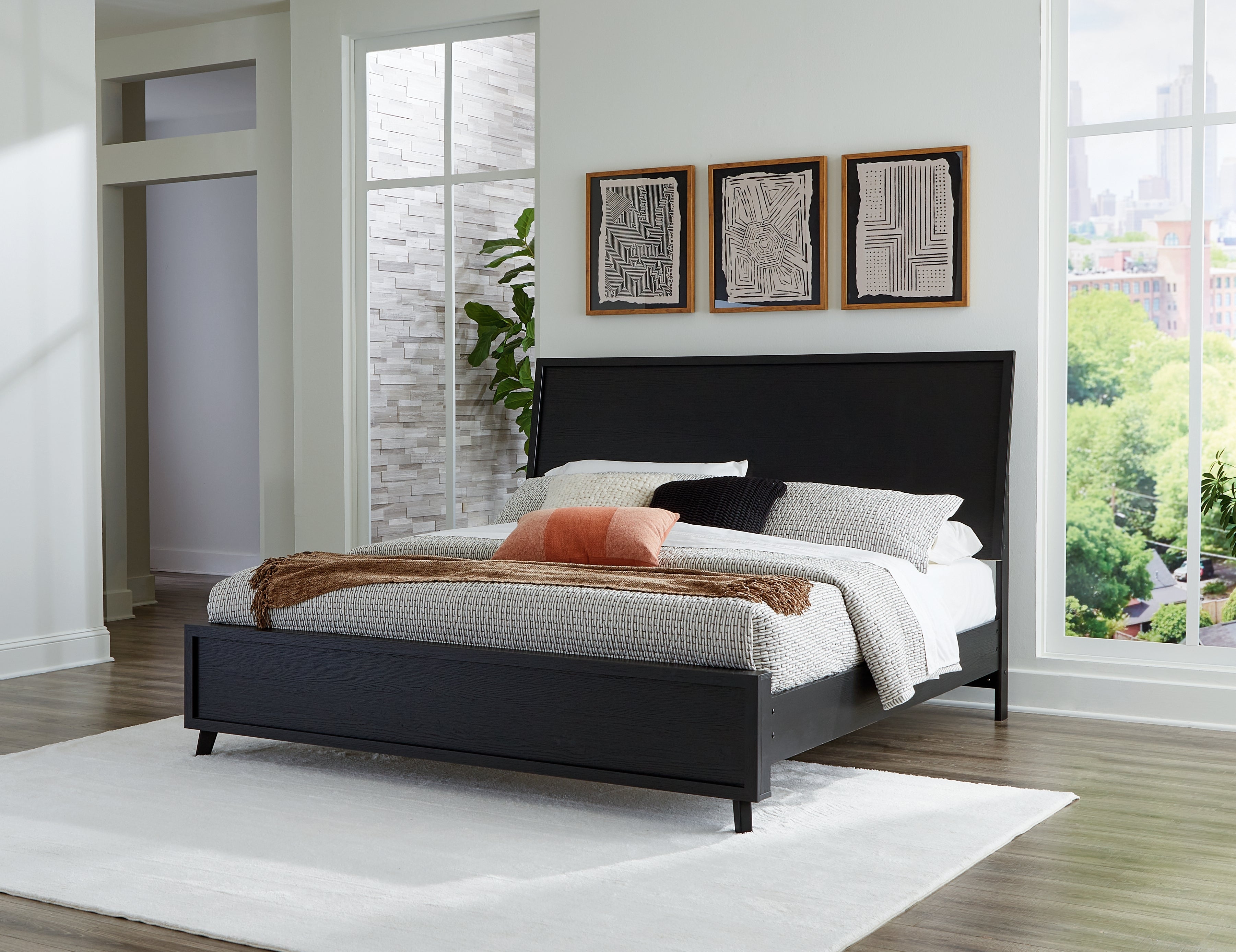 Danziar Queen Panel Bed with Mirrored Dresser in Black - PKG015889