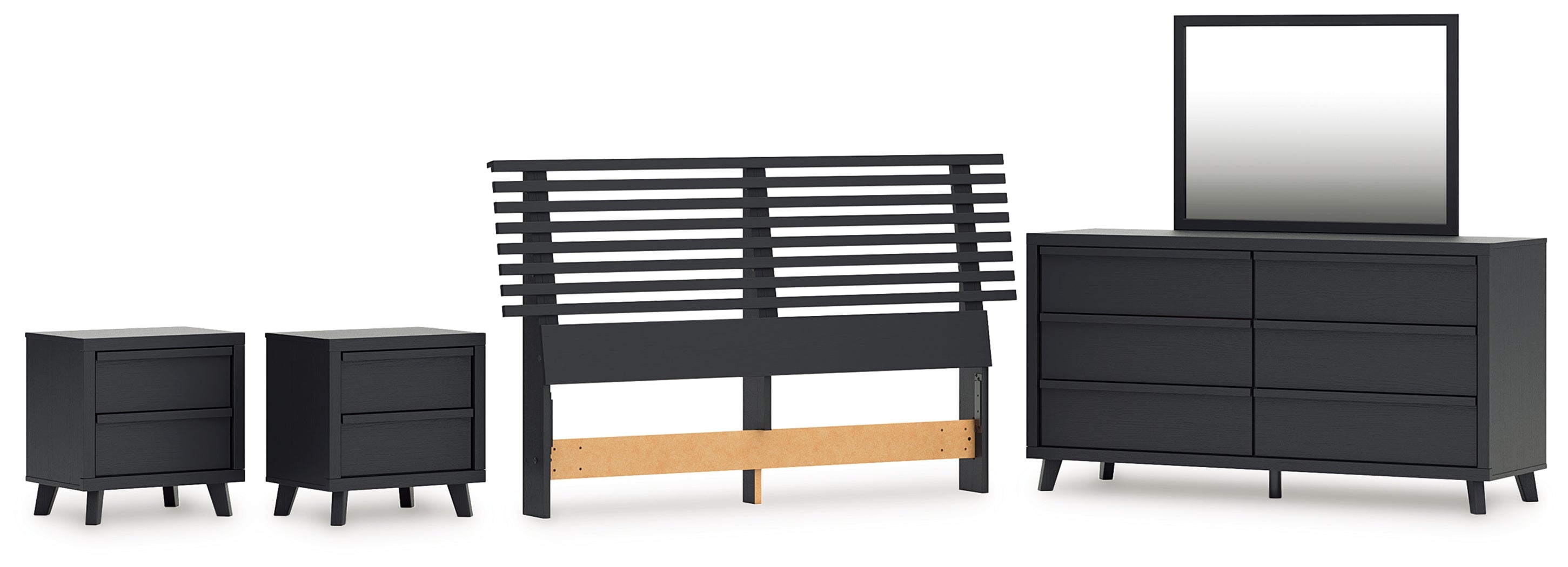 Danziar Queen Panel Headboard with Mirrored Dresser and 2 Nightstands in Black - PKG016004