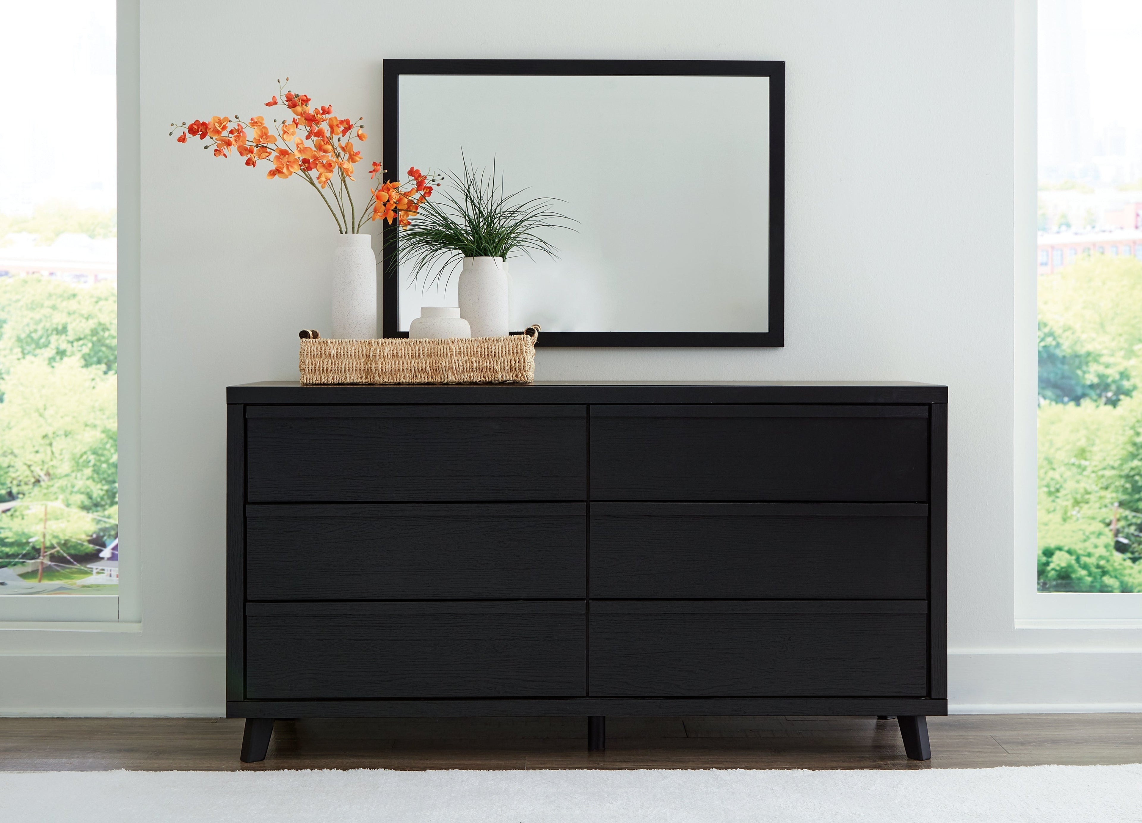 Danziar Queen Panel Headboard with Mirrored Dresser and 2 Nightstands in Black - PKG016016