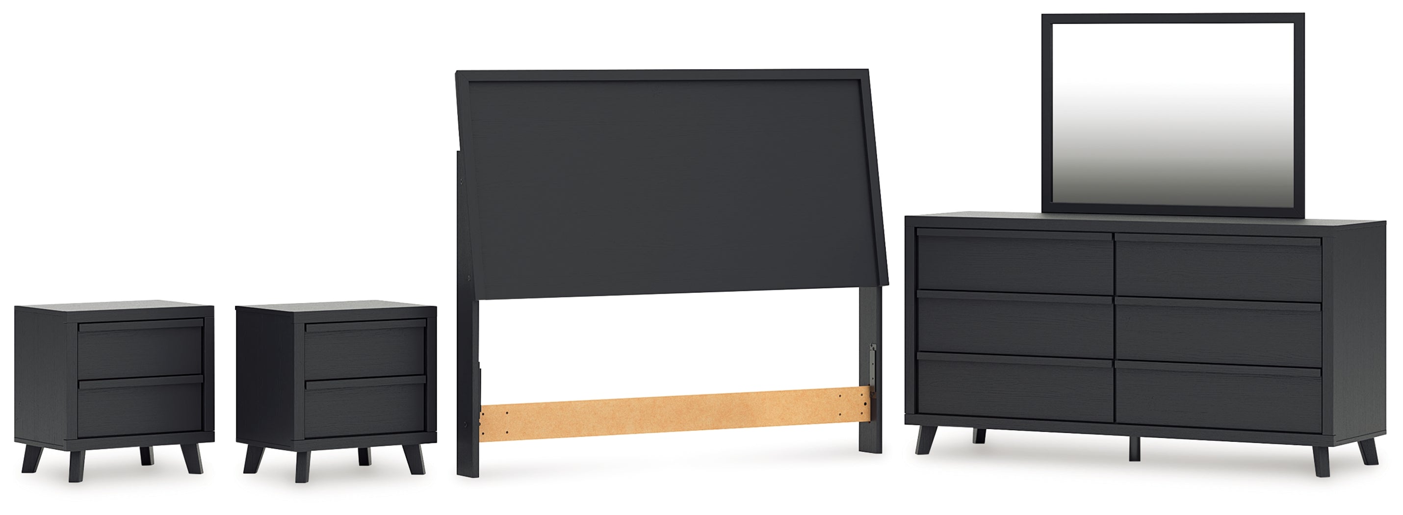 Danziar Queen Panel Headboard with Mirrored Dresser and 2 Nightstands in Black - PKG016016
