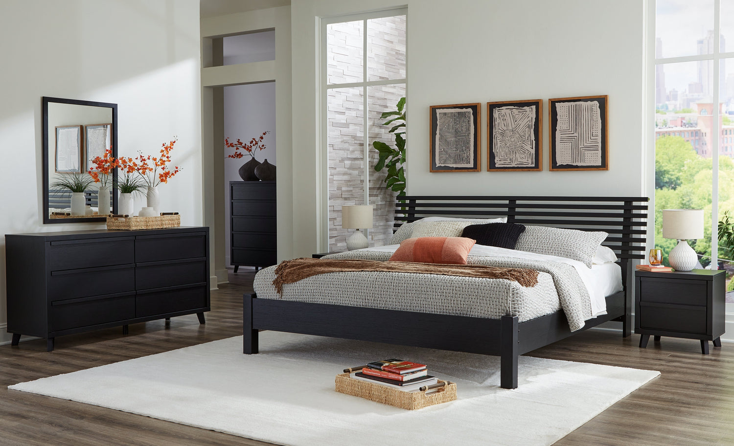 Danziar Queen Panel Headboard with Mirrored Dresser and Nightstand in Black from Ashley - Luna Furniture