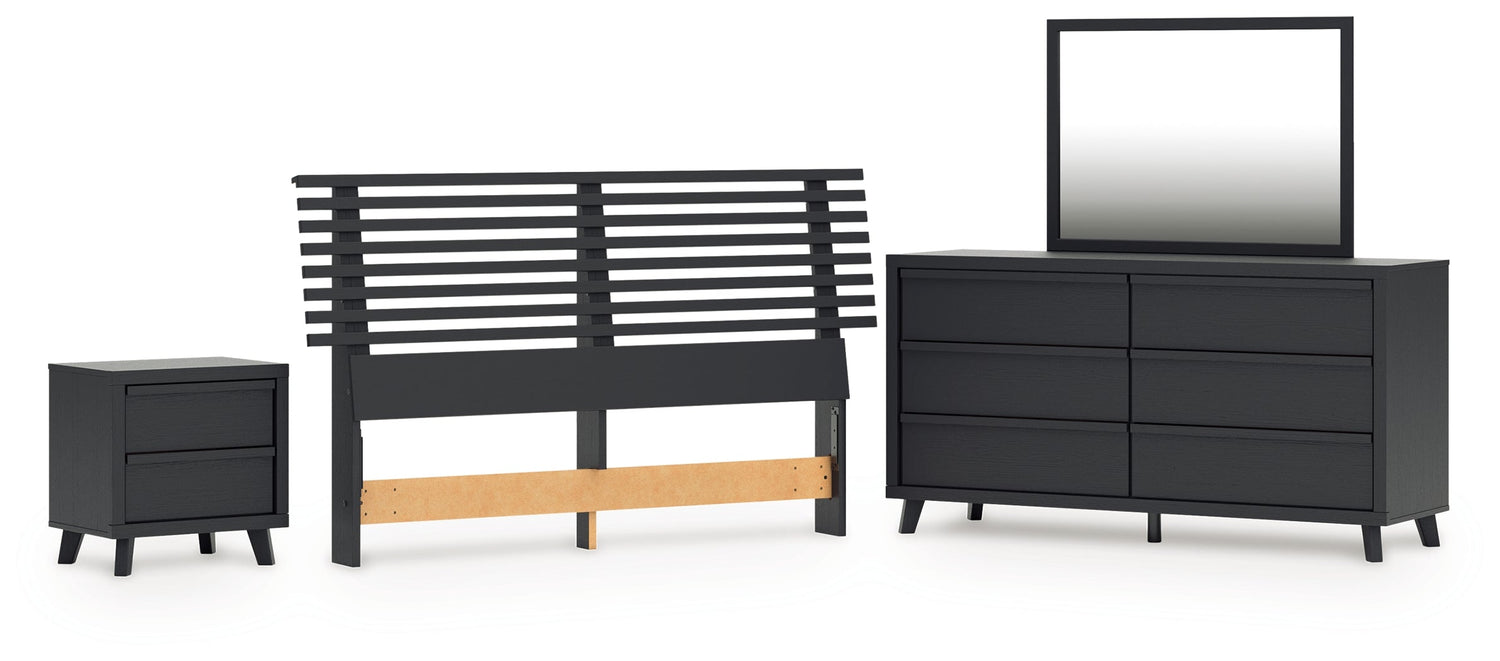 Danziar Queen Panel Headboard with Mirrored Dresser and Nightstand in Black from Ashley - Luna Furniture