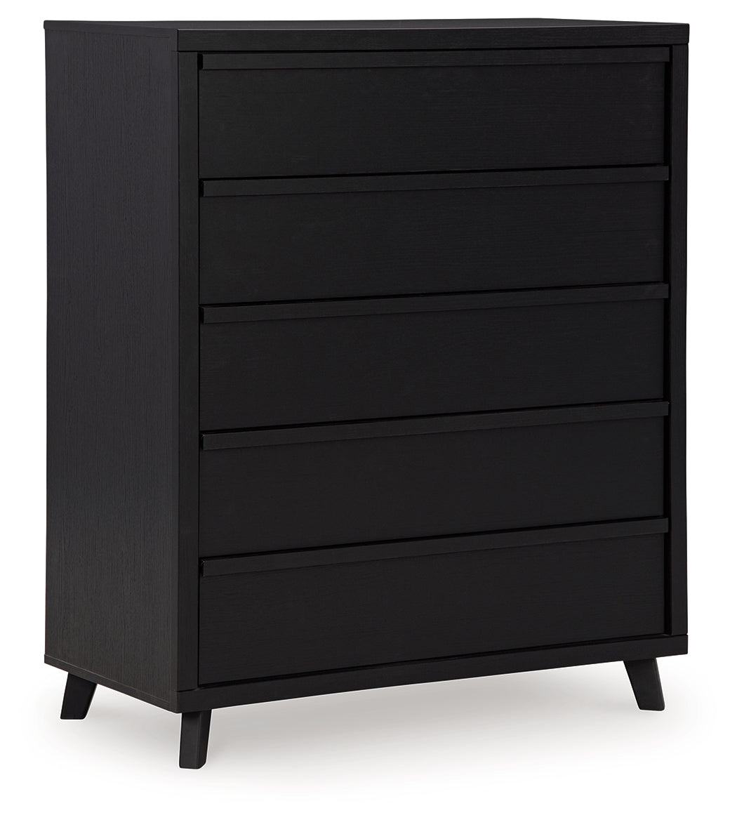 Danziar Queen Panel Headboard with Mirrored Dresser, Chest and 2 Nightstands in Black - PKG016017