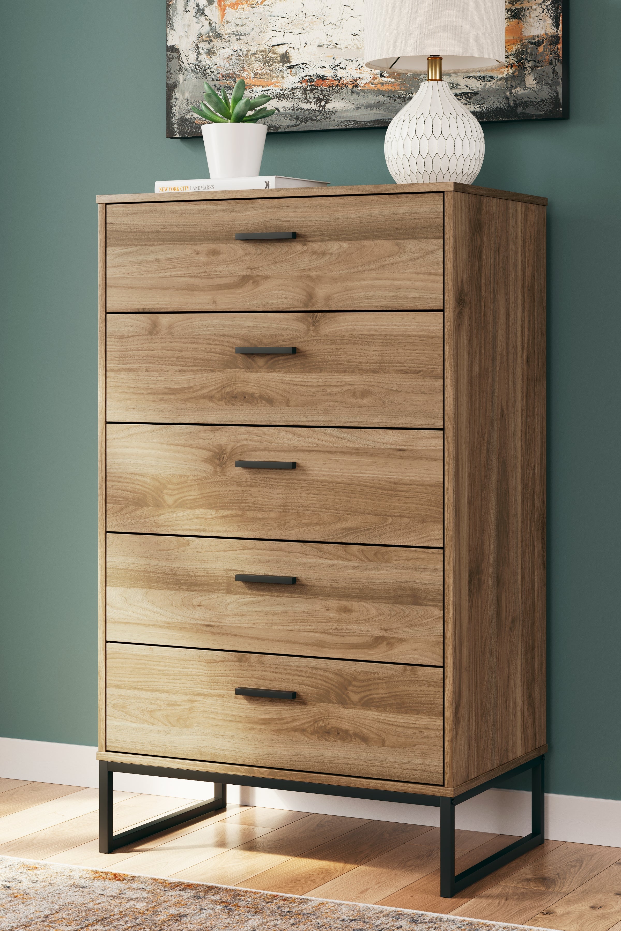 Deanlow Full Panel Headboard with Dresser and Chest in Honey - PKG017182