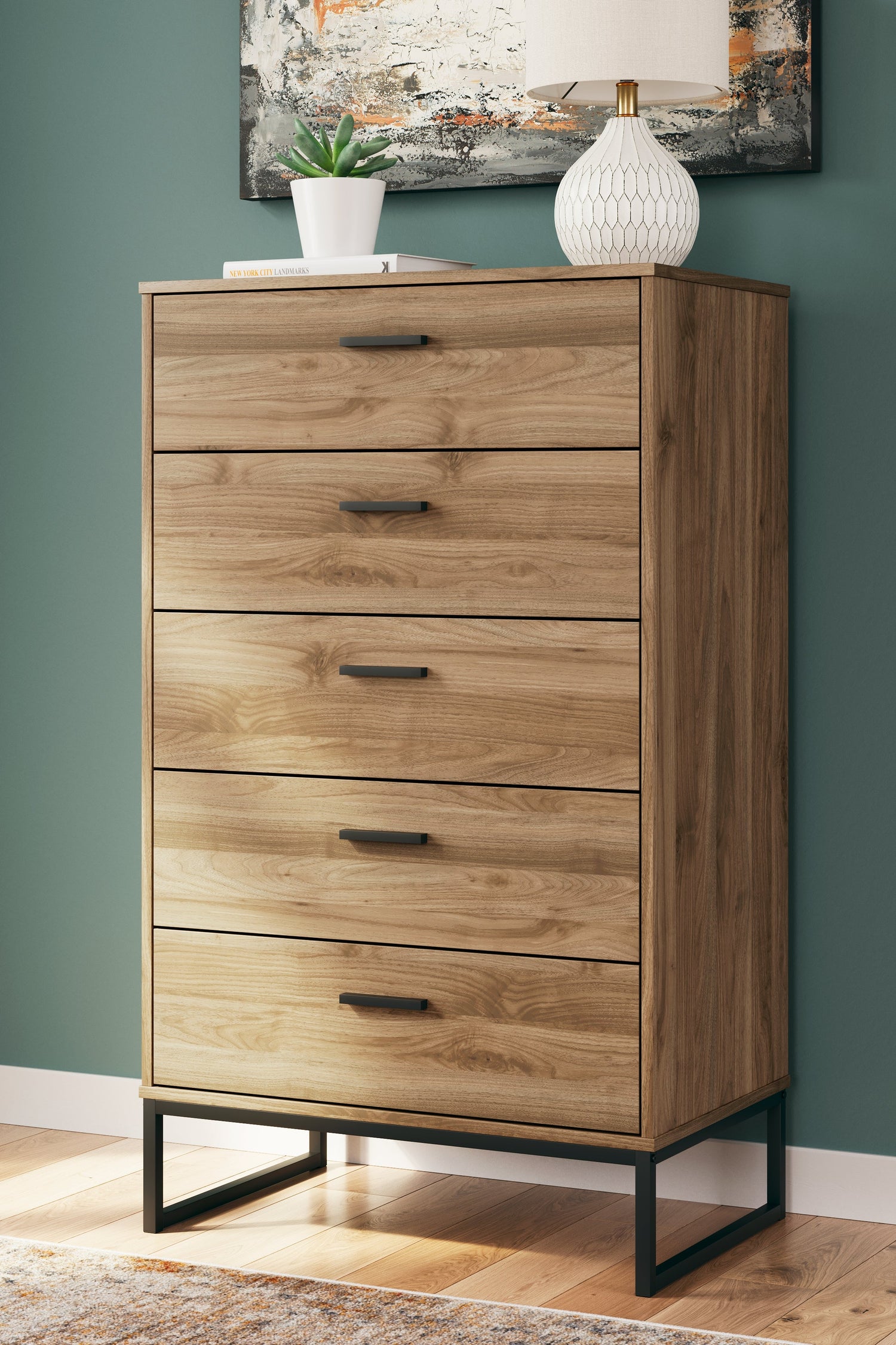 Deanlow Full Panel Headboard with Dresser, Chest and Nightstand in Honey - PKG017183