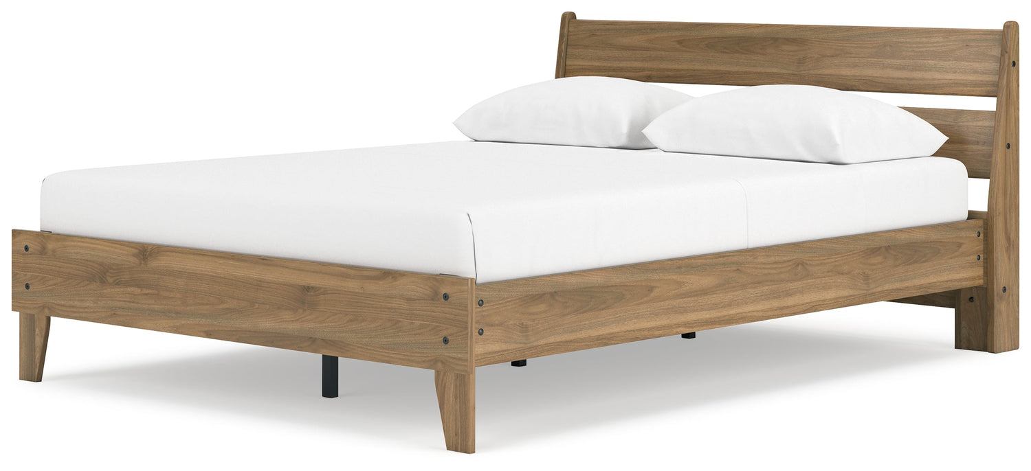 Deanlow Queen Platform Panel Bed with 2 Nightstands in Honey - PKG017277