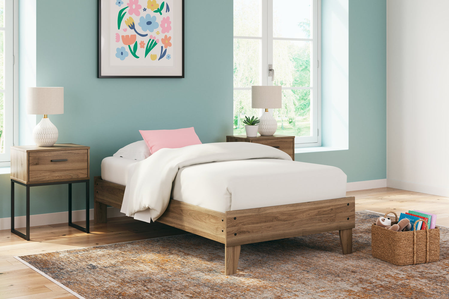 Deanlow Twin Platform Bed with Dresser and Chest in Honey - PKG017189