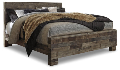 Derekson King Panel Bed with Mirrored Dresser, Chest and Nightstand in Multi Gray - PKG003482