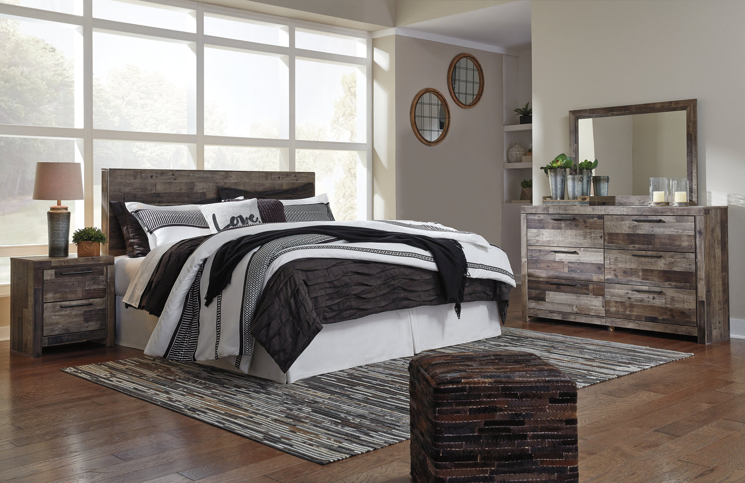 Derekson Multi Gray King Panel Headboard, Dresser, Mirror and Nightstand - B200B47