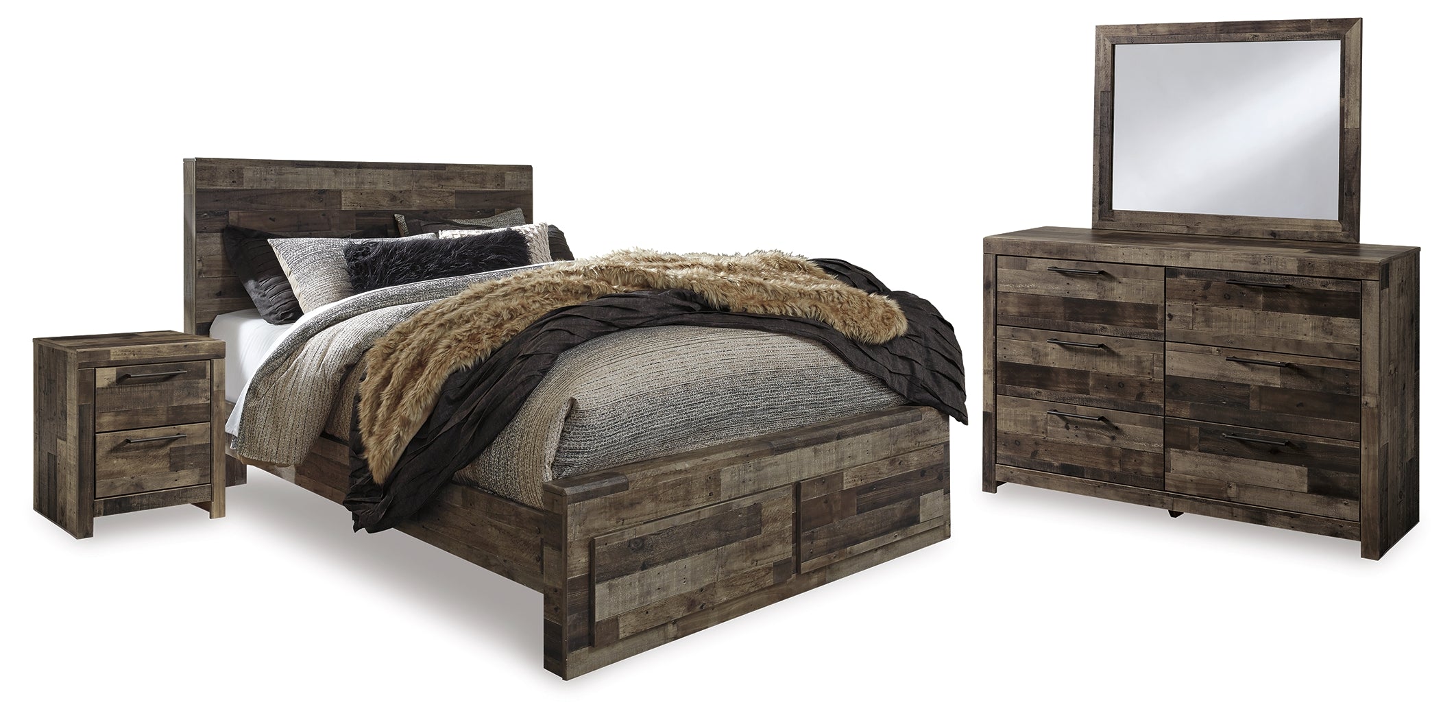 Derekson Multi Gray Queen Panel Storage Bed, Dresser, Mirror and 2 Nightstands - B200B49