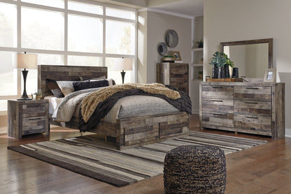Derekson Queen Panel Bed with 2 Storage Drawers with Mirrored Dresser, Chest and 2 Nightstands in Multi Gray from Ashley - Luna Furniture