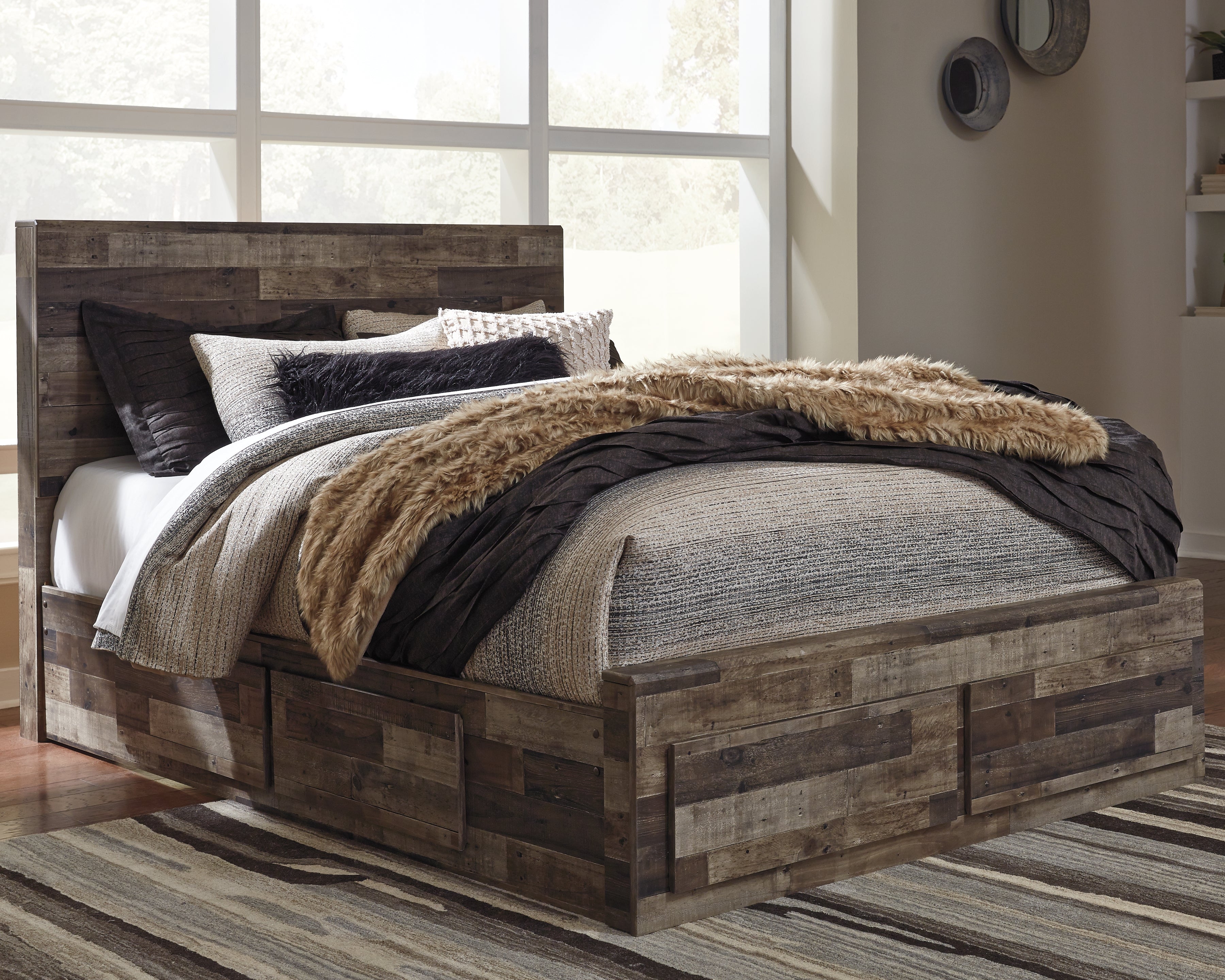Derekson Queen Panel Bed with 4 Storage Drawers with Mirrored Dresser and Chest in Multi Gray - PKG003459