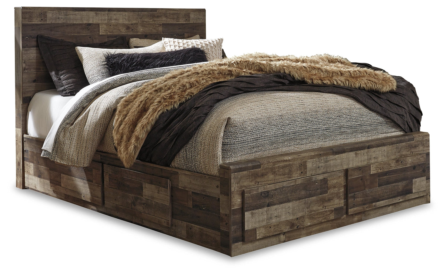 Derekson Queen Panel Bed with 4 Storage Drawers with Mirrored Dresser, Chest and 2 Nightstands in Multi Gray - PKG003532