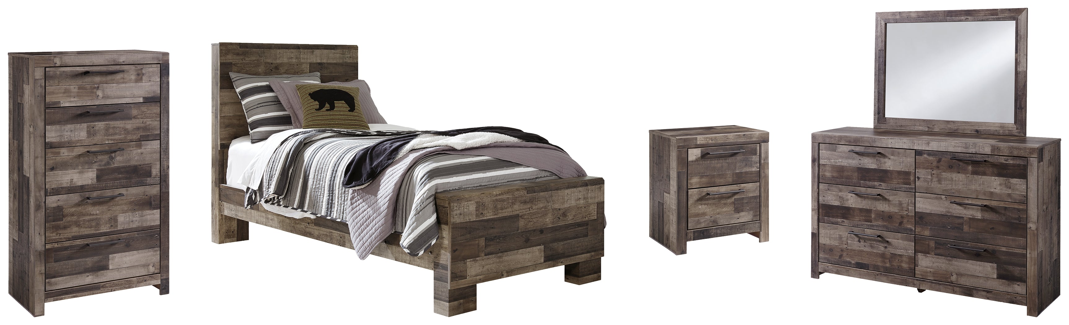 Derekson Twin Panel Bed with Mirrored Dresser, Chest and Nightstand in Multi Gray from Ashley - Luna Furniture