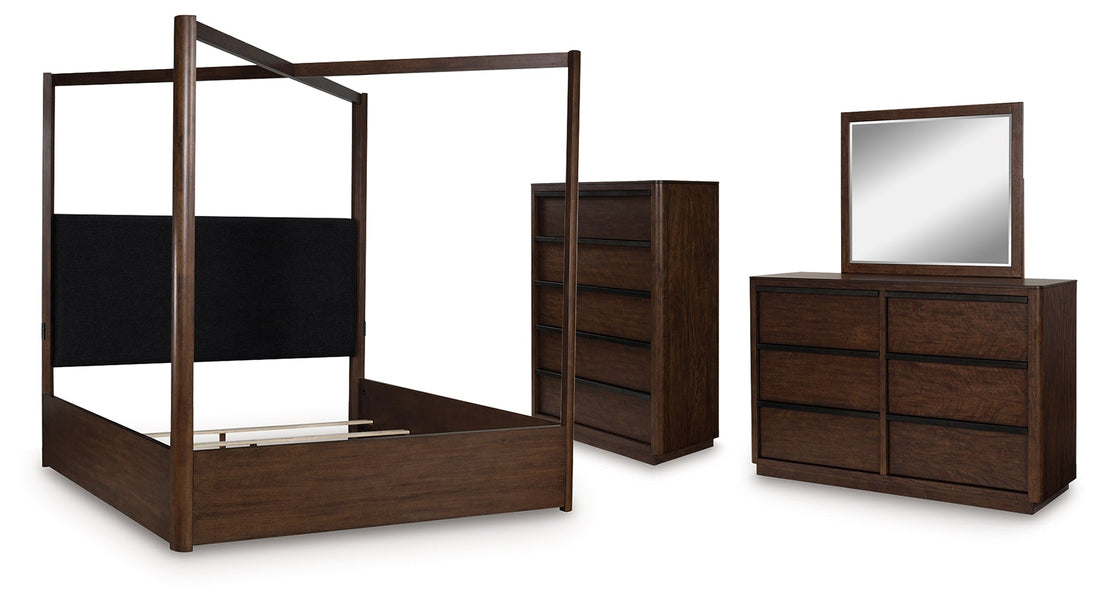 Dilenno Queen Canopy Bed with Mirrored Dresser and Chest in Dark Brown from Ashley - Luna Furniture