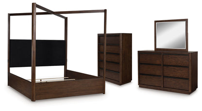 Dilenno Queen Canopy Bed with Mirrored Dresser and Chest in Dark Brown from Ashley - Luna Furniture