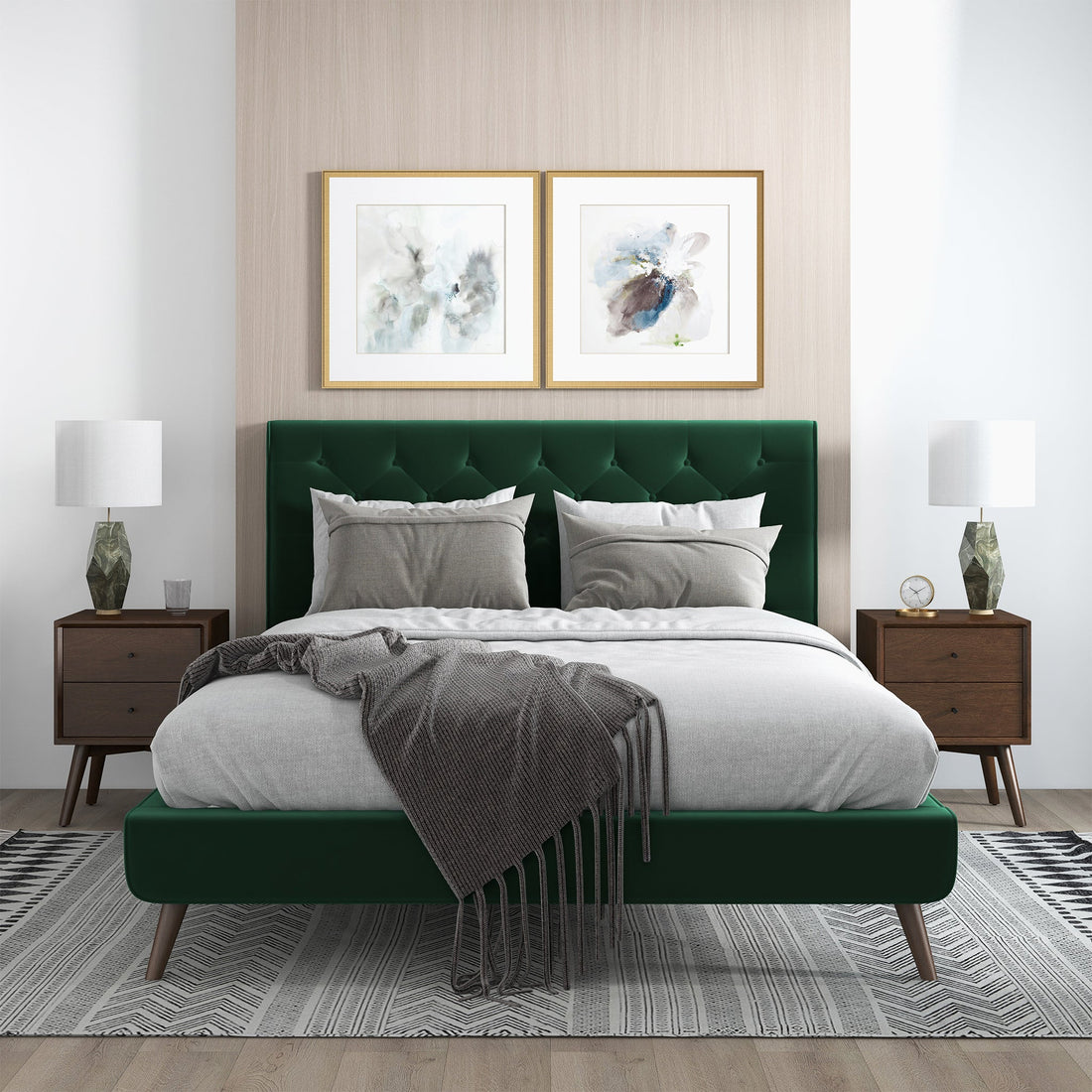 Dillon  Dark Green Velvet Platform Bed (Queen Size) - BED00300203
