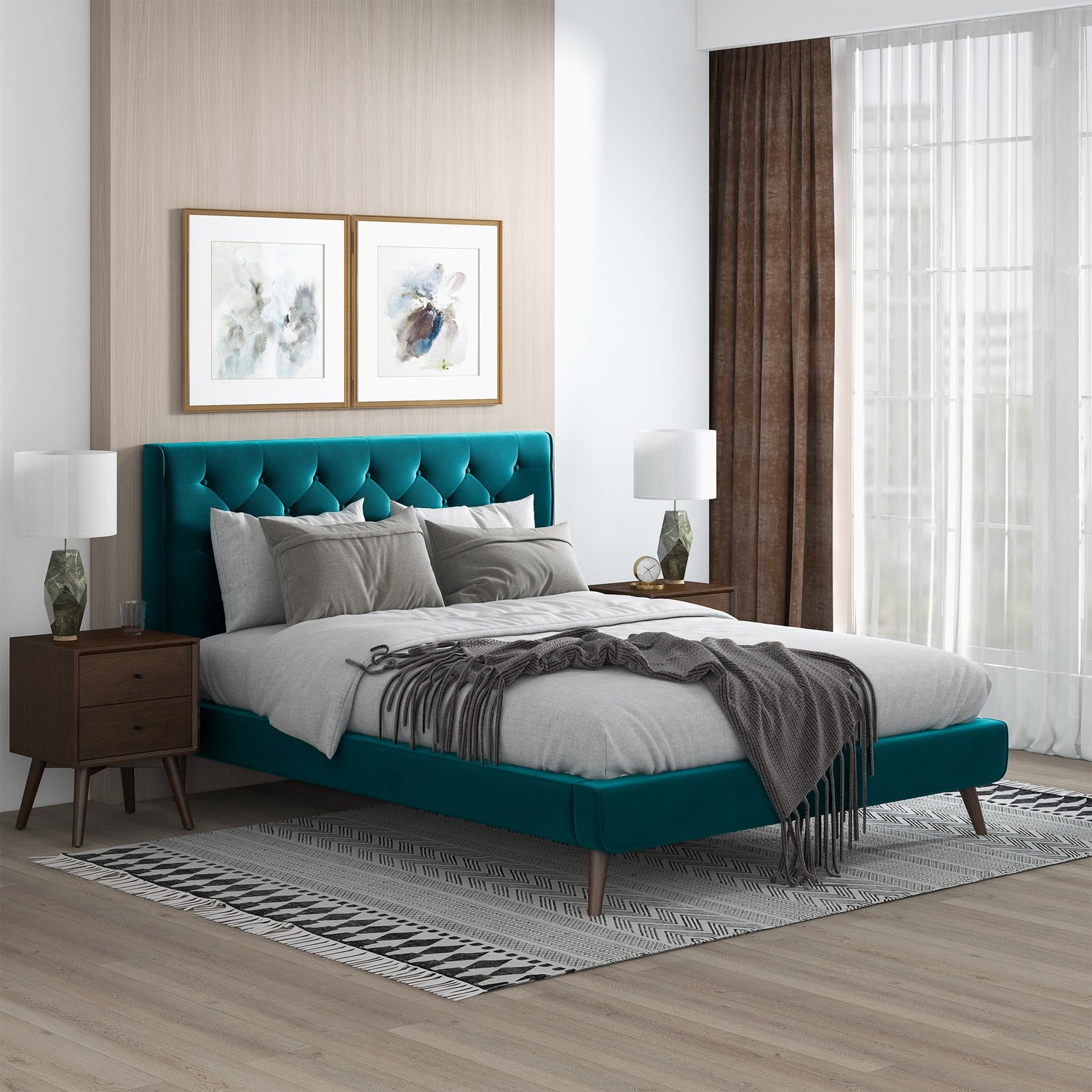 Dillon  Teal Velvet Platform Bed(Queen Size) - BED00300207