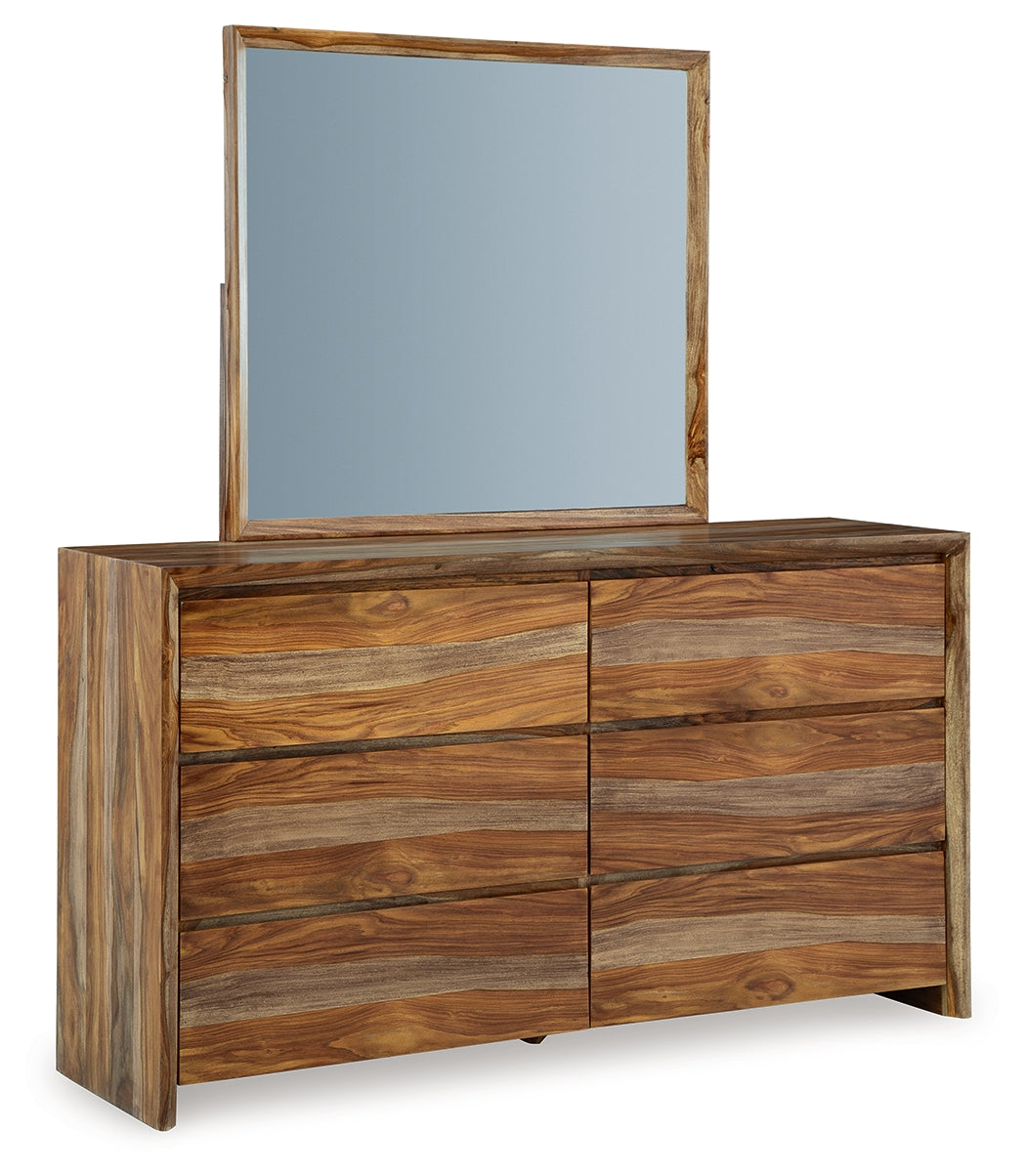 Dressonni California King Panel Bed with Mirrored Dresser in Brown - PKG018787
