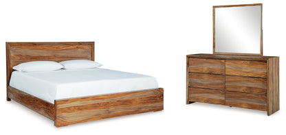 Dressonni California King Panel Bed with Mirrored Dresser in Brown - PKG018787