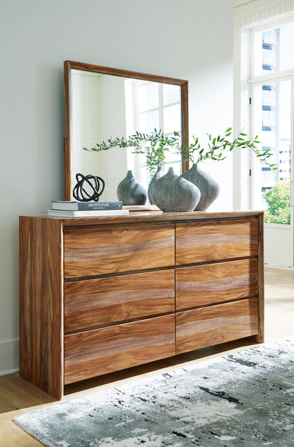 Dressonni King Panel Bed with Mirrored Dresser in Brown - PKG018782