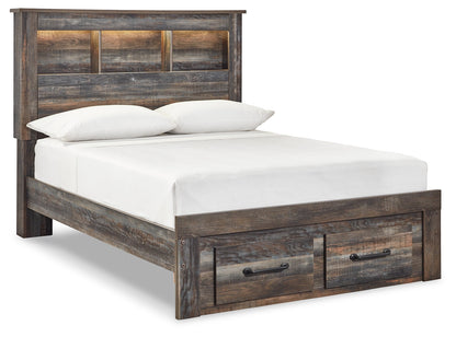 Drystan Full Bookcase Bed with 2 Storage Drawers with Mirrored Dresser and 2 Nightstands in Multi - PKG003236
