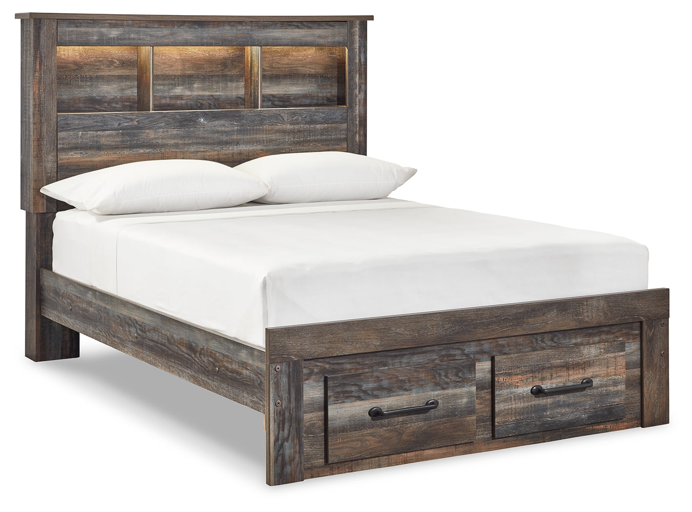 Drystan Full Bookcase Bed with 2 Storage Drawers with Mirrored Dresser, Chest and 2 Nightstands in Multi - PKG003239