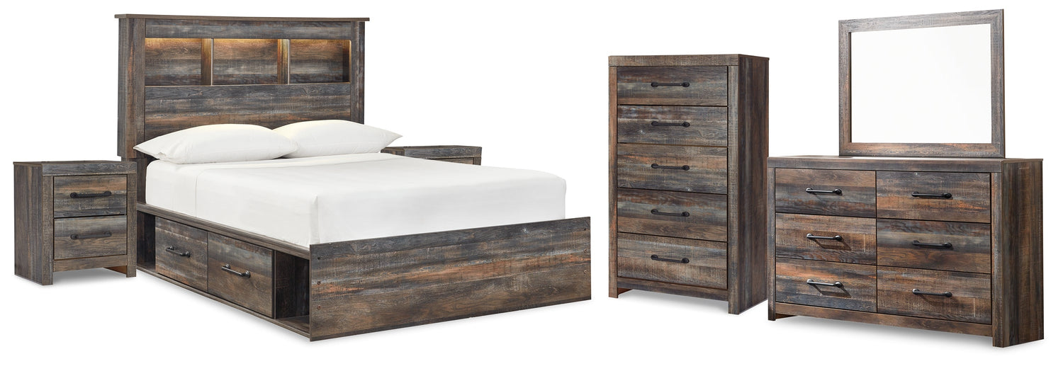 Drystan Full Bookcase Bed with 4 Storage Drawers with Mirrored Dresser, Chest and 2 Nightstands in Multi - PKG003345