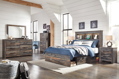 Drystan Full Bookcase Bed with 4 Storage Drawers with Mirrored Dresser, Chest and 2 Nightstands in Multi - PKG003345