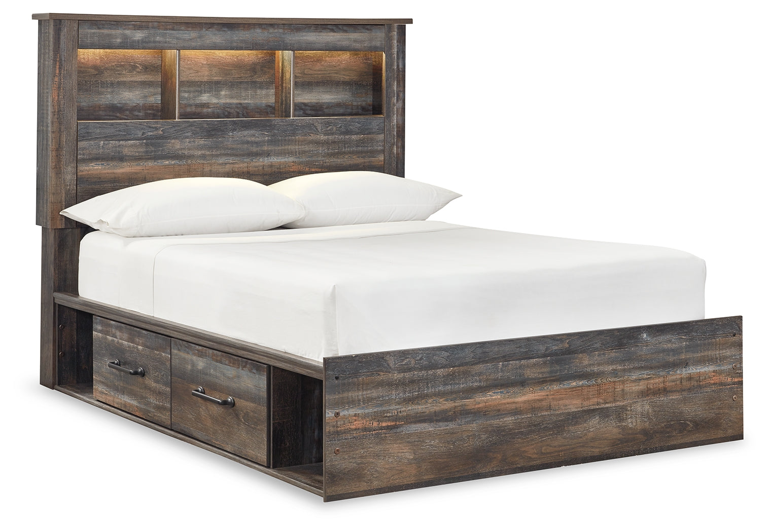 Drystan Full Bookcase Bed with 4 Storage Drawers with Mirrored Dresser, Chest and 2 Nightstands in Multi - PKG003345