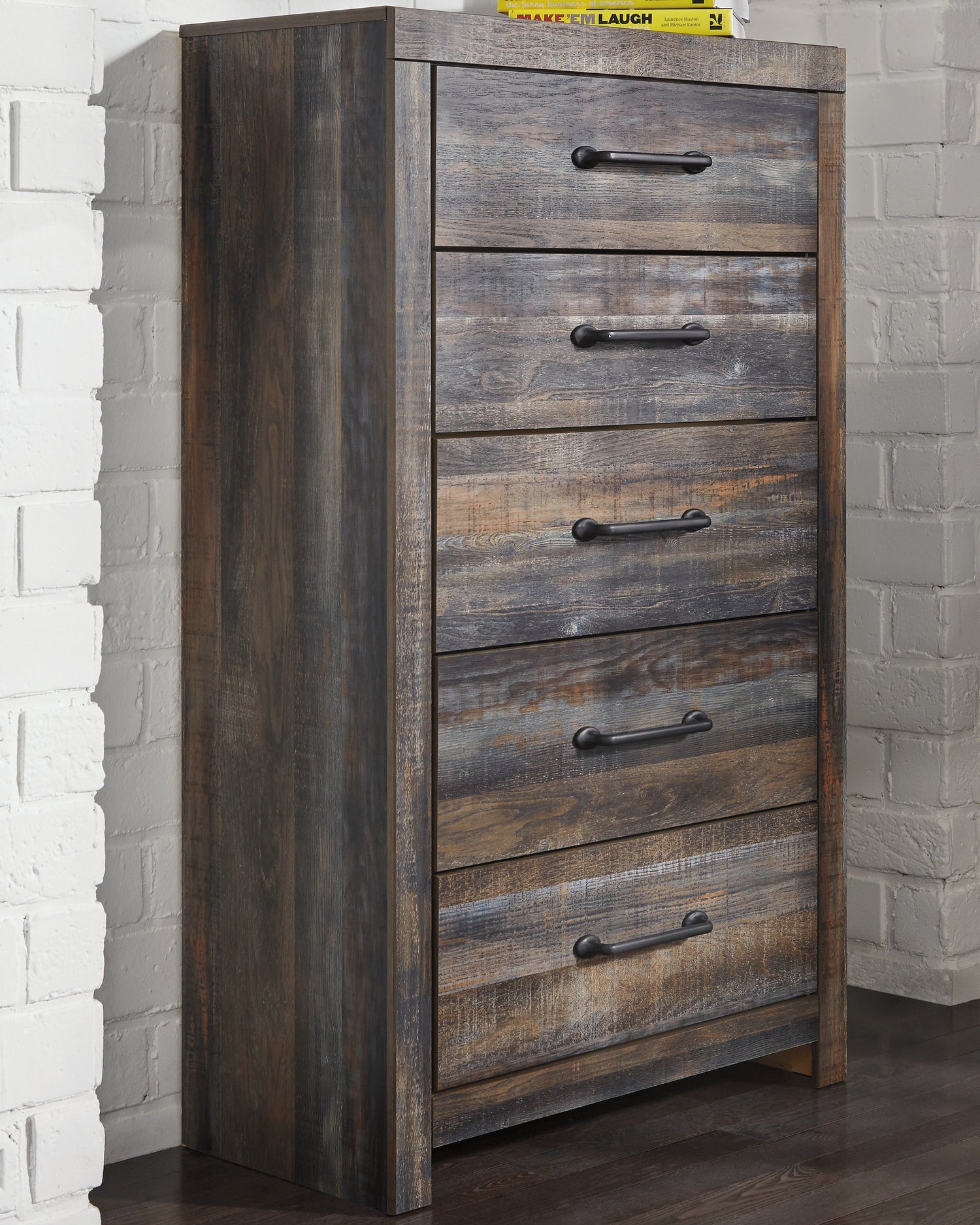 Drystan Full Bookcase Bed with 4 Storage Drawers with Mirrored Dresser, Chest and Nightstand in Multi - PKG003343