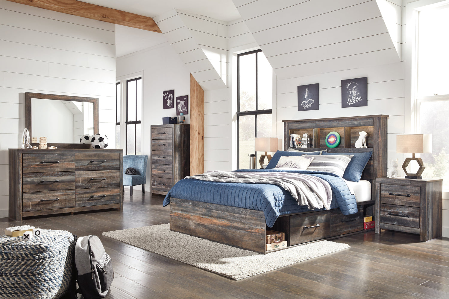 Drystan Full Bookcase Bed with 4 Storage Drawers with Mirrored Dresser, Chest and Nightstand in Multi - PKG003343